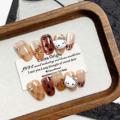 Handmade Press On Nails, Retro Leopard Hello Kitty 3D Charms, Brown Cat Eye Fall Kawaii Fake Nails for Women