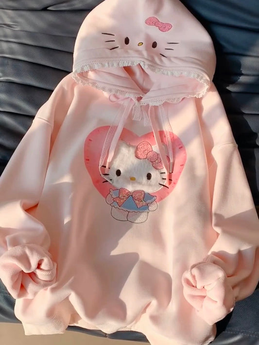 Hello Kitty Lace-Trimmed Oversized Hoodie（fleece-lined interior）