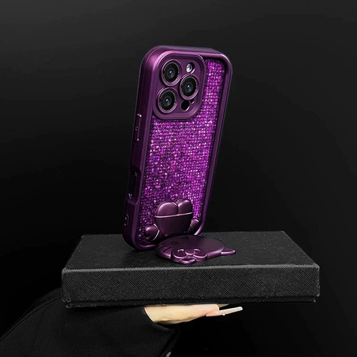 Purple Glitter 3D Hello Kitty Phone Case with Lanyard For iPhone