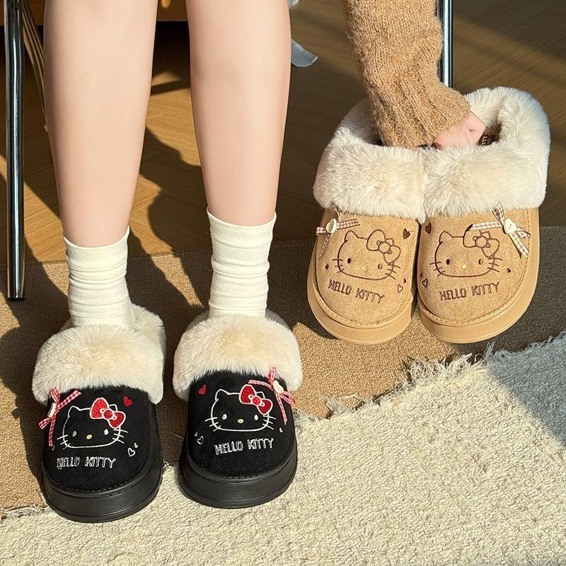 Hello Kitty Faux-Fur Trim & Bow Accent Plush Slippers