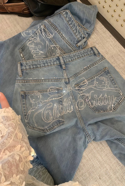 Hellokitty Handemade Rhinestone Jeans Denim Pants Sparkle Jeans Studded Bling Pants with Diamonds