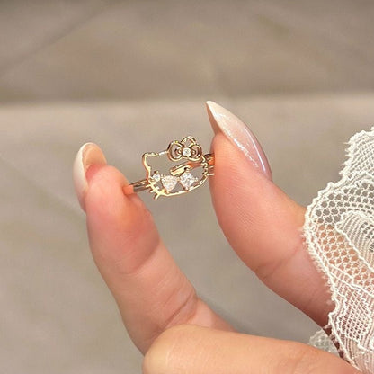 Licensed Hello Kitty Hollow Crown Ring, 925 Sterling Silver Adjustable Open Ring, Kawaii Rose Gold Stackable Ring for Women, Cute Sanrio Jewelry Birthday Gift for Her
