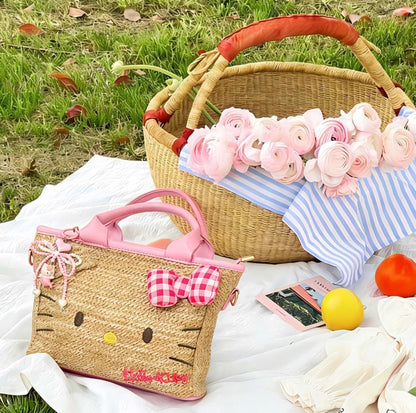 Hello Kitty Straw Tote Bag with Pink Bow Summer Beach Crossbody Handbag