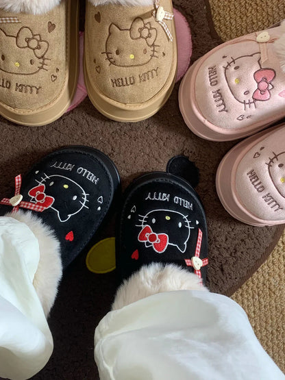 Hello Kitty Faux-Fur Trim & Bow Accent Plush Slippers