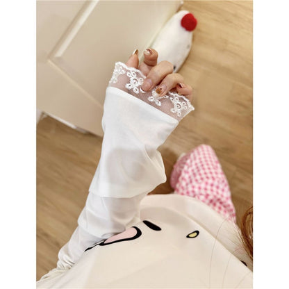 Hello Kitty Lace Trim Pajama Set, Women’s Off-Shoulder Sleepwear with Built-in Bra, Pink Gingham Loungewear