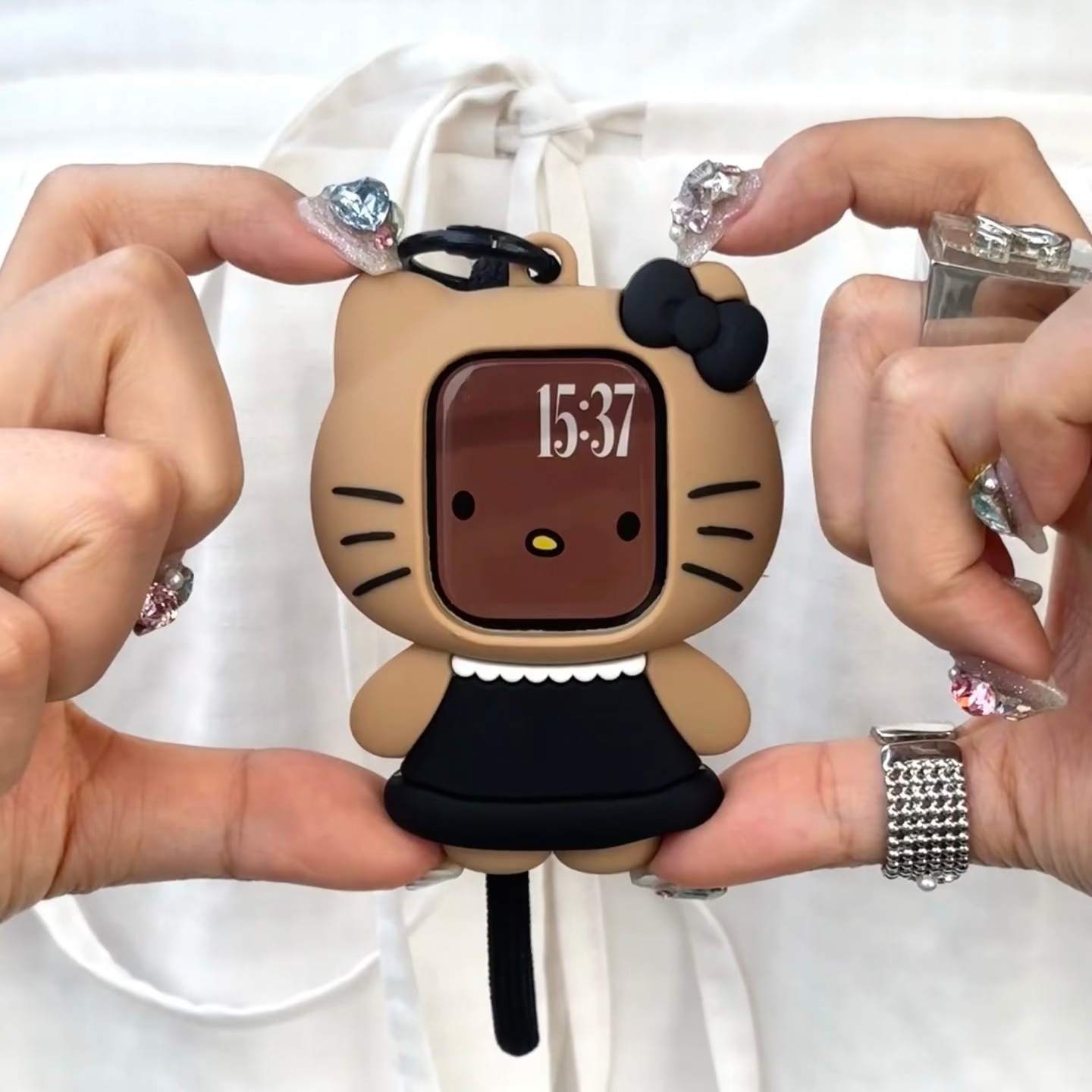 Tan Hello Kitty AirPods Case with Lanyard - Black Dress Edition