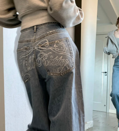 Hellokitty Handemade Rhinestone Jeans Denim Pants Sparkle Jeans Studded Bling Pants with Diamonds