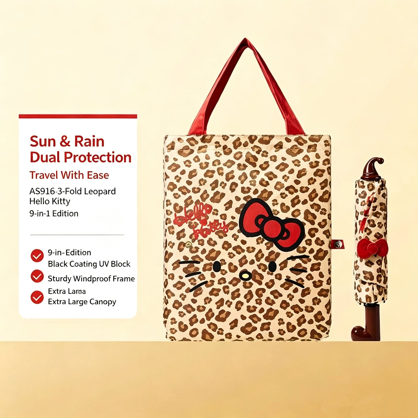 Leopard Hello Kitty Auto Open Close UV Protection Umbrella