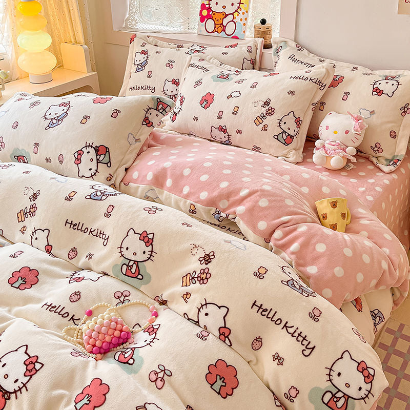 Hello Kitty Winter Plush and Thick Coral Fleece Bedding Set