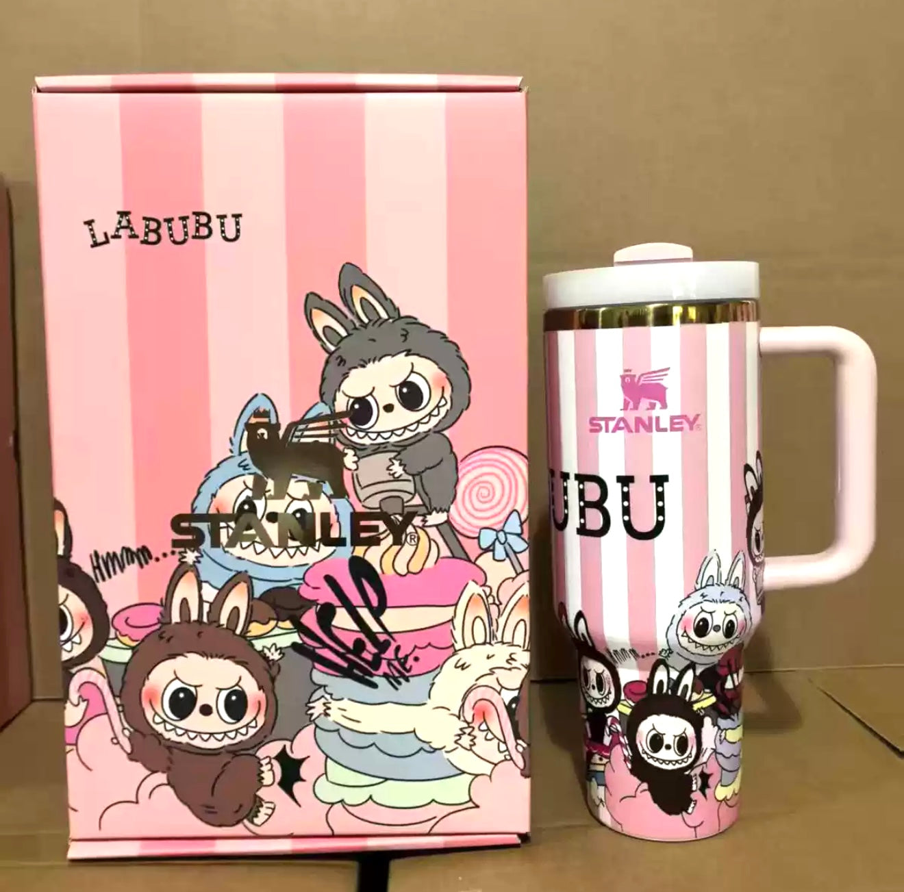 Labubu Pink Stripe Magic In-Car Insulated Cup 40 OZ with Colorful Premium Gift Box
