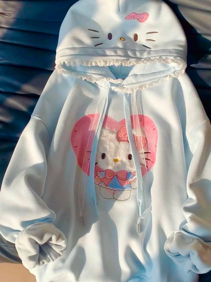 Hello Kitty Lace-Trimmed Oversized Hoodie（fleece-lined interior）