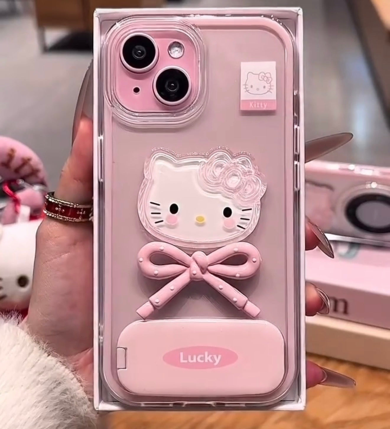 Lucky Hello Kitty Pink Bow Phone Case With Mirror Stand
