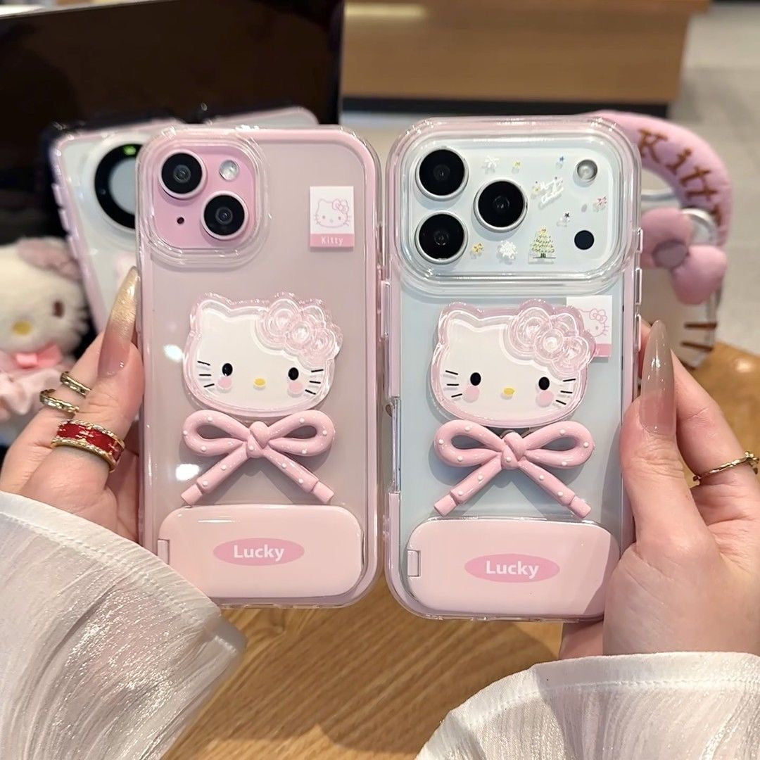 Lucky Hello Kitty Pink Bow Phone Case With Mirror Stand