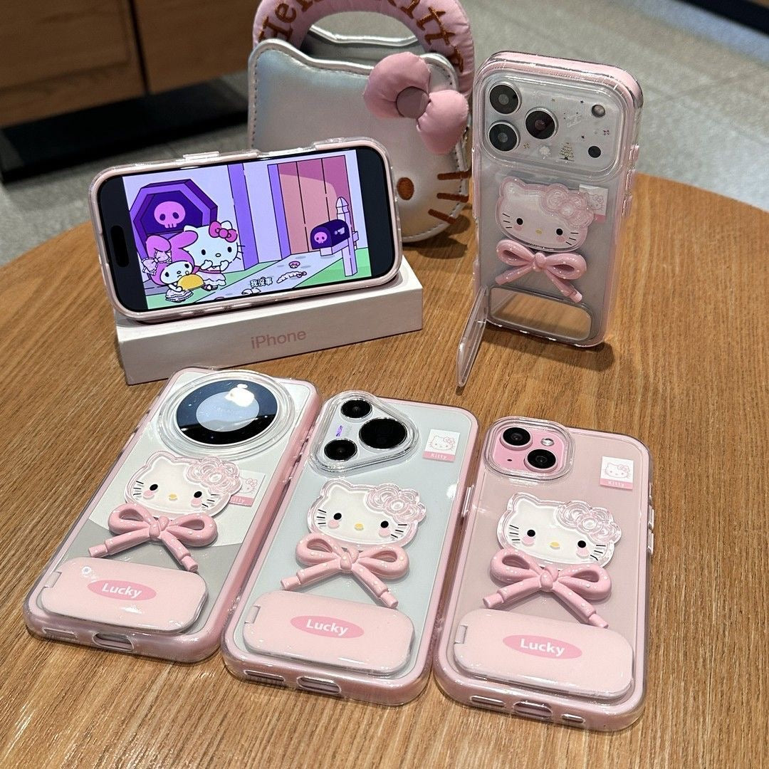 Lucky Hello Kitty Pink Bow Phone Case With Mirror Stand