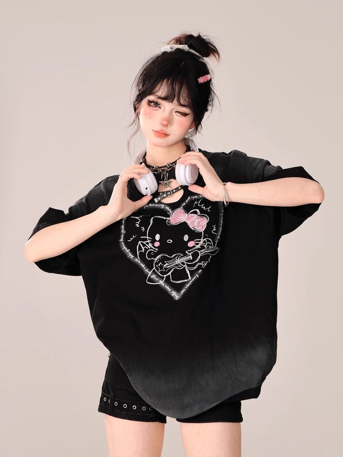 Hello Kitty Ombre Hollow Neckline Shirt