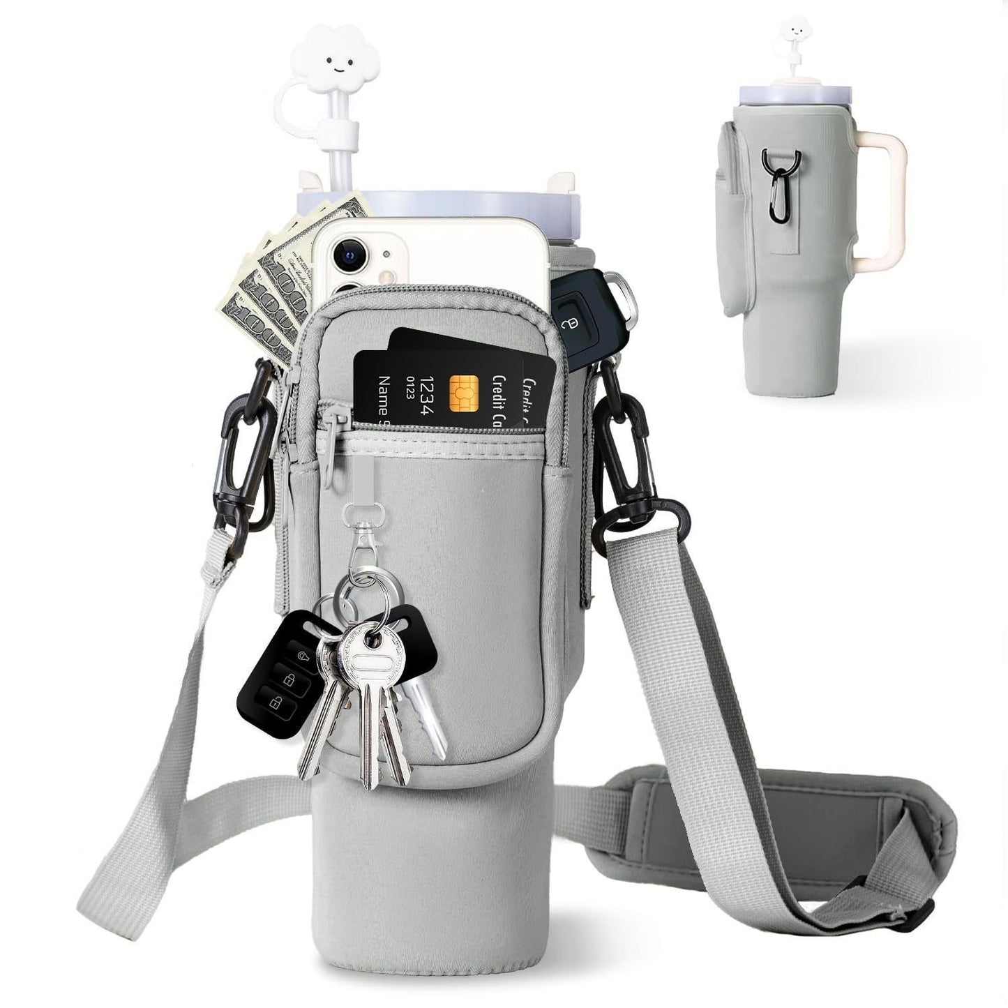 Passende Wasserflaschen-Tragetasche mit Telefontasche und verstellbarem Riemen
