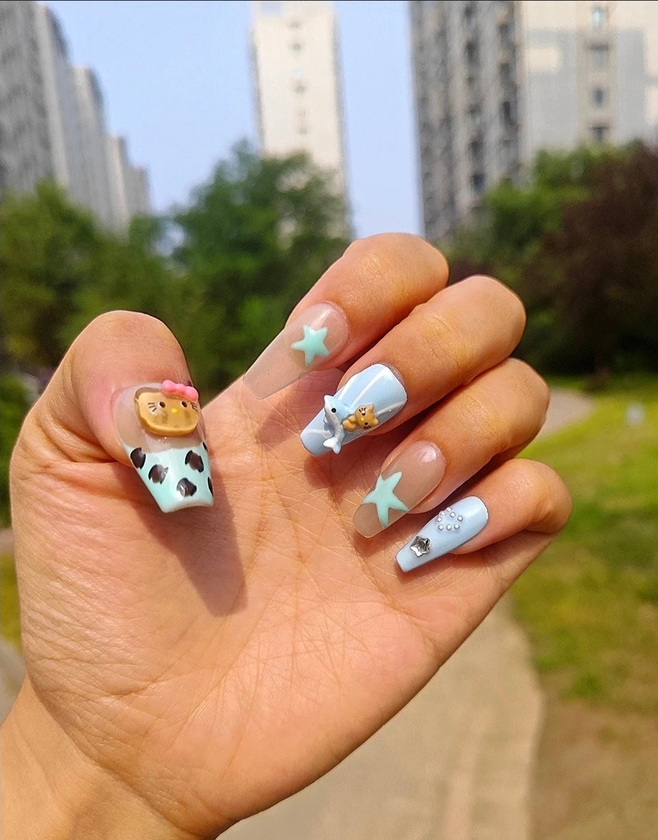Hawaii Kitty – Blaues Ozean-Aufklebe-Nagel-Set