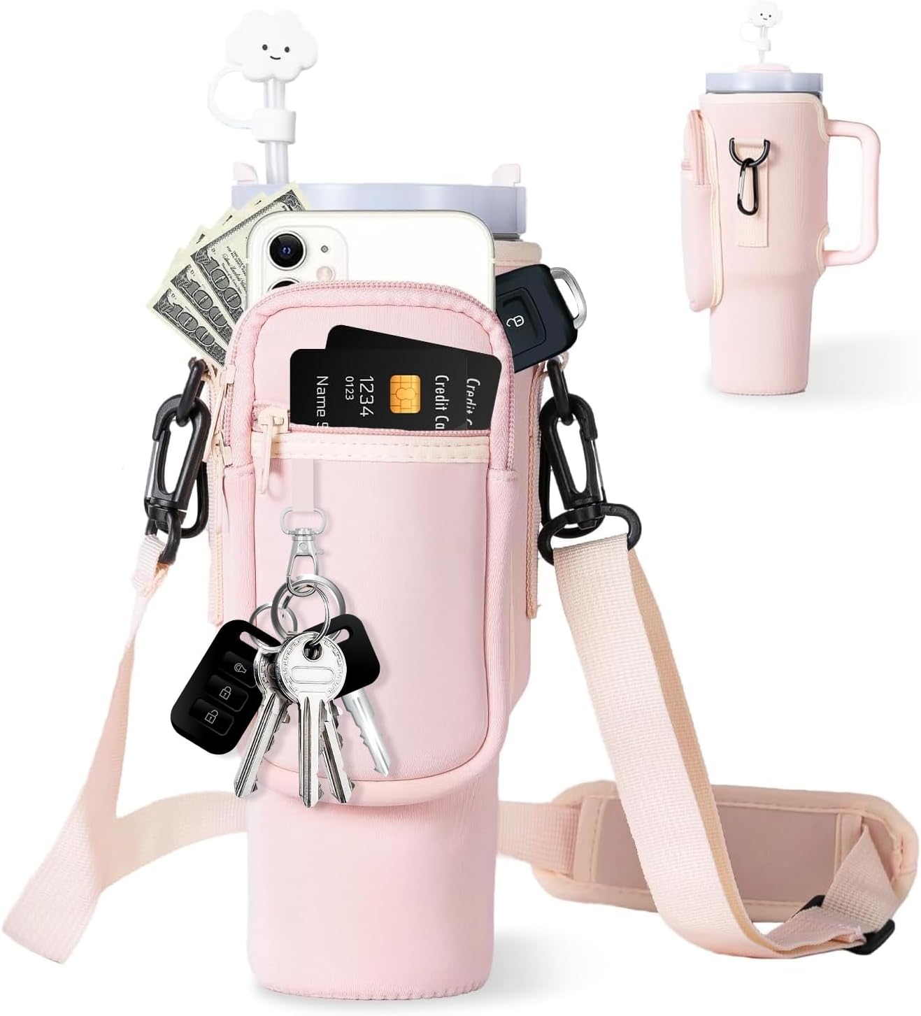Passende Wasserflaschen-Tragetasche mit Telefontasche und verstellbarem Riemen