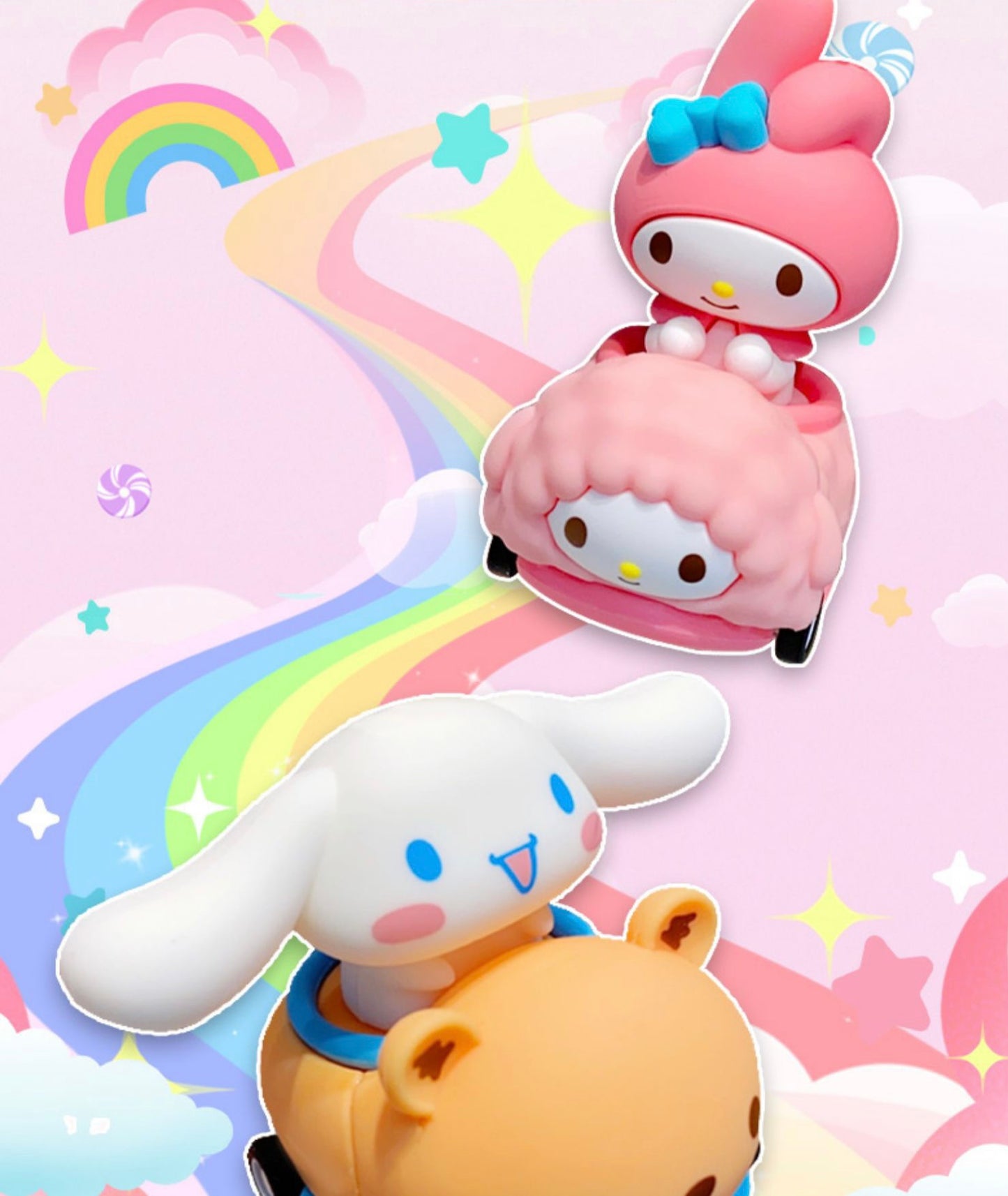 Sanrio auf Rennauto mit rollendem Rad Schlüsselanhänger